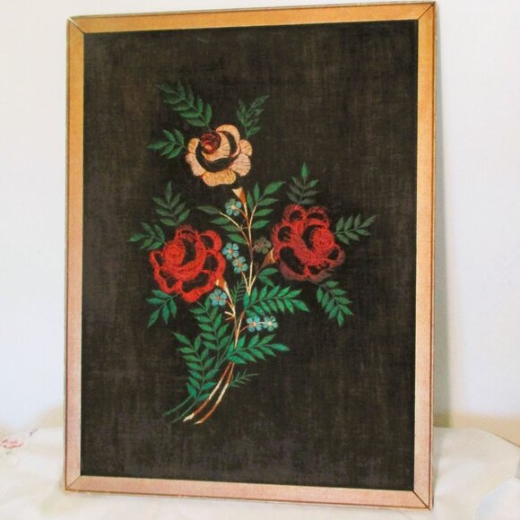 Vintage Embroidered Roses On Brown Velvet Wall Art 15"x20" Floral Wood Frame - Picture 1 of 4